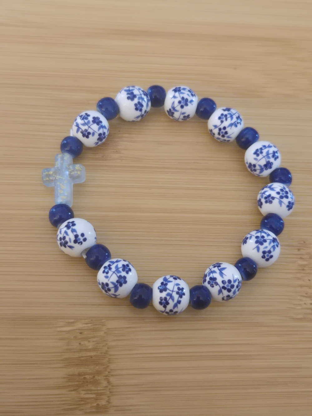 Blue & White Floral Ceramic Bead Stretch Bracelet with Glass Frosted Cross